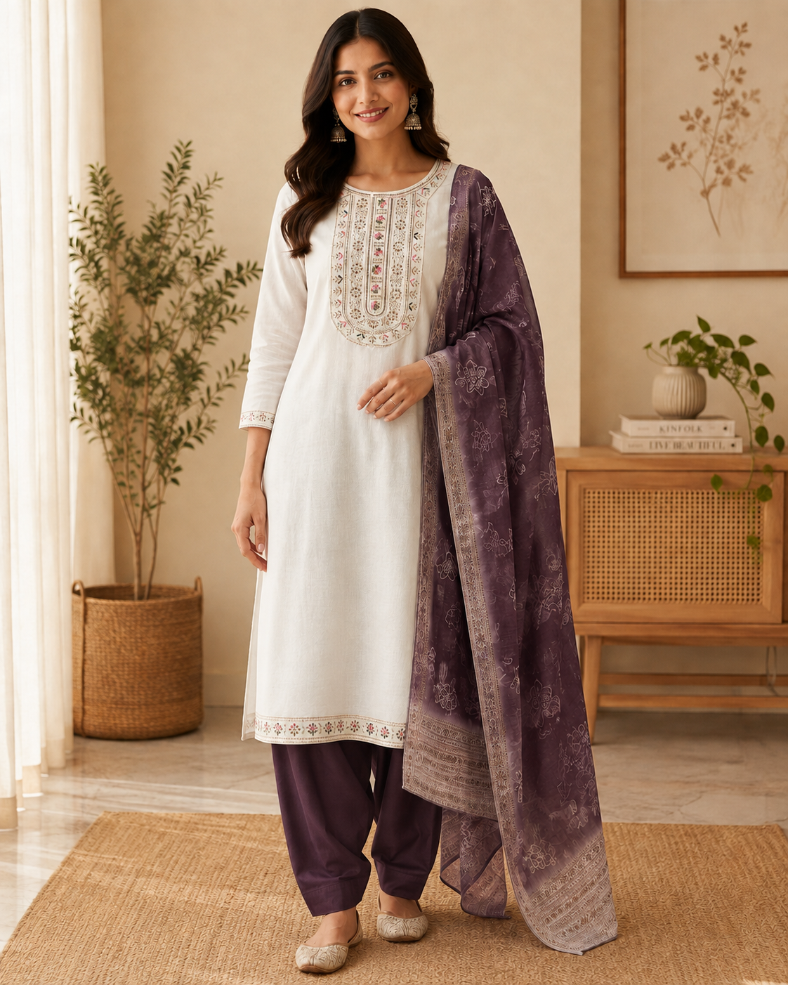 Ivory & Plum Embroidered Salwar Set