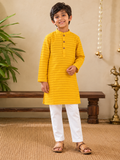Golden Yellow Patterned Viscose Kurta and White Pants - Boys Ethnic Wear