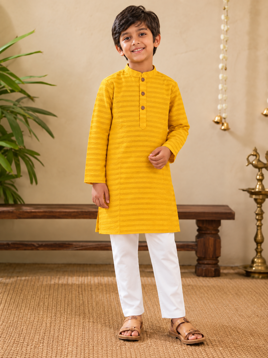 Golden Yellow Patterned Viscose Kurta and White Pants - Boys Ethnic Wear