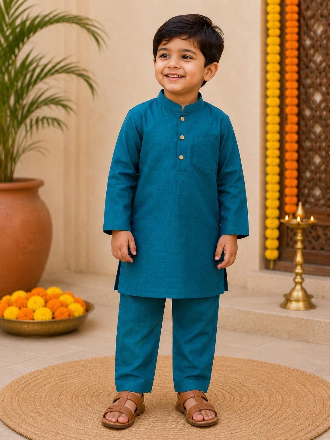 Teal Blue Kurta and Pants Set - Boys Ethnic Wear