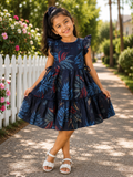 Black and Blue Leaf Printed Casual Dress