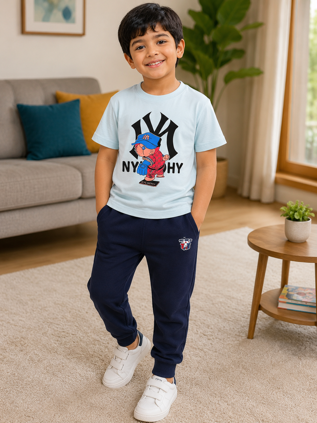 Pale Blue T-Shirt and Navy Blue Pants