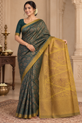 Dark Green and Golden Yellow Zari Design Semi Silk Saree