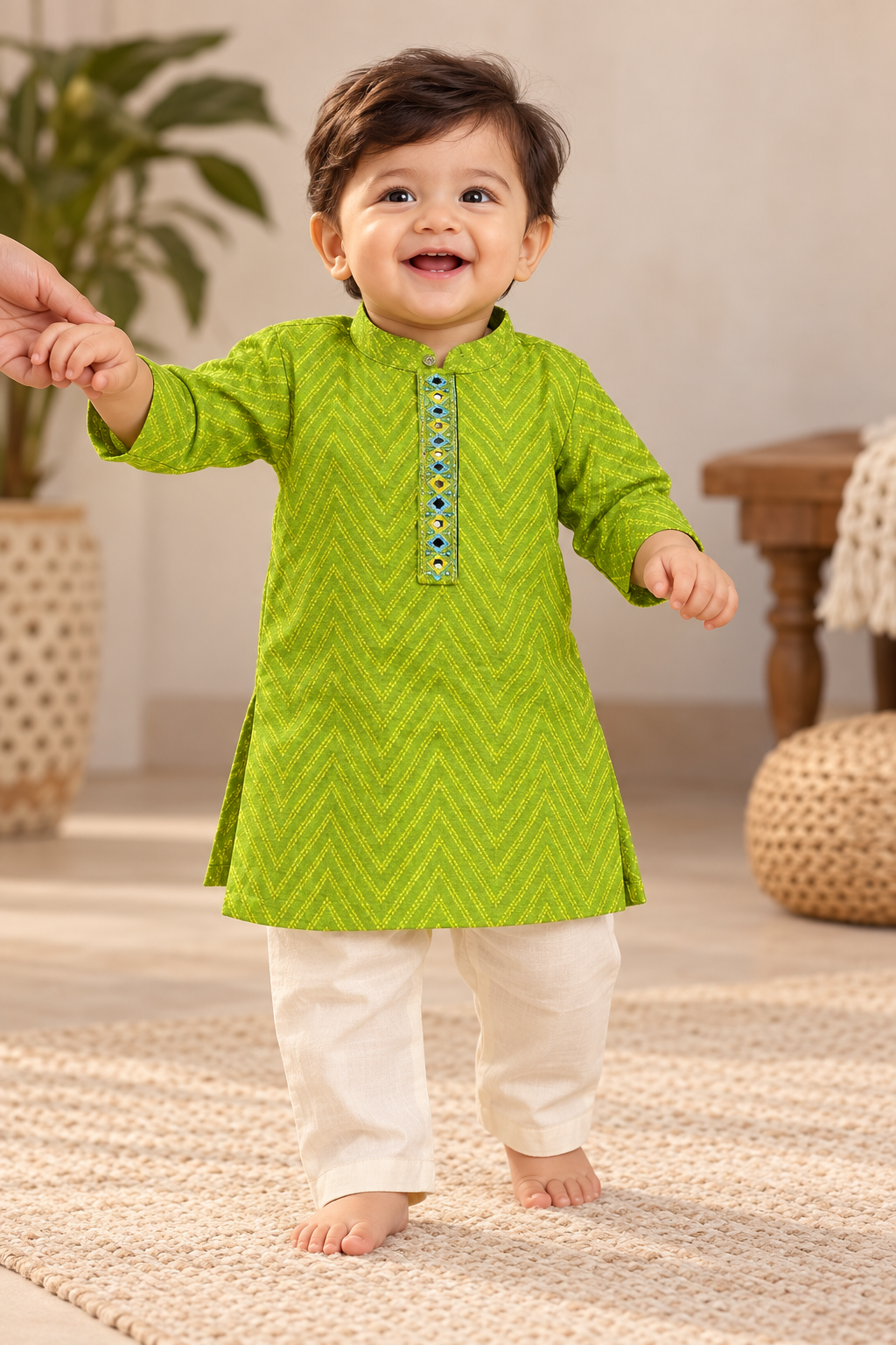 Green Kurta with White Pant - Boys Ethnic Wear
