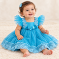 Blue Frilled Party Wear Dress with Lace Work