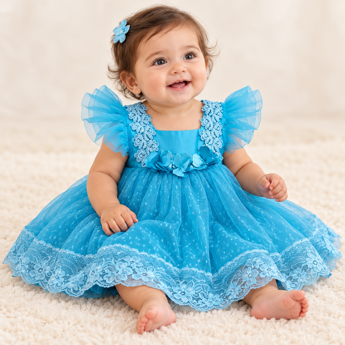 Blue Frilled Party Wear Dress with Lace Work