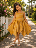 Golden Yellow Asymmetrical Dress with Strap Sleeves
