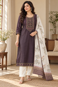 Brown and Ivory Embroidered Salwar Set with Printed Shawl