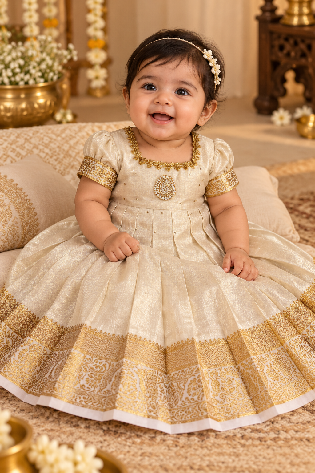 Beige / Off- White Onam Pavadai / Lehenga - Girls Ethnic Wear