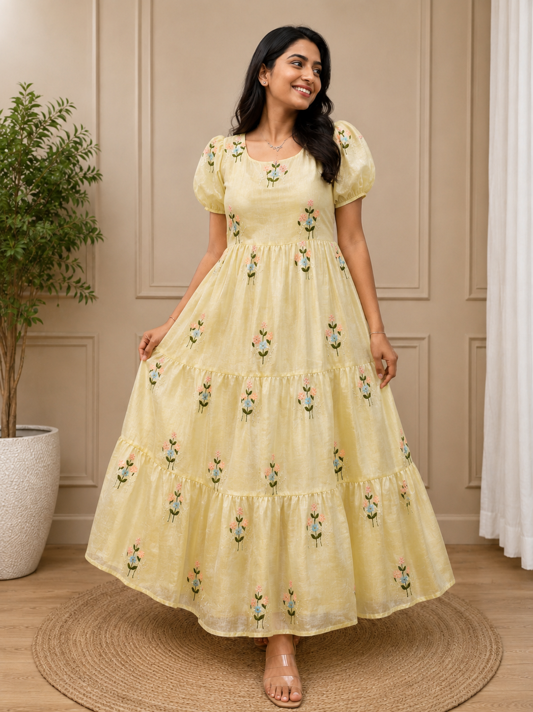 Pastel Yellow Chanderi Maxi Dress