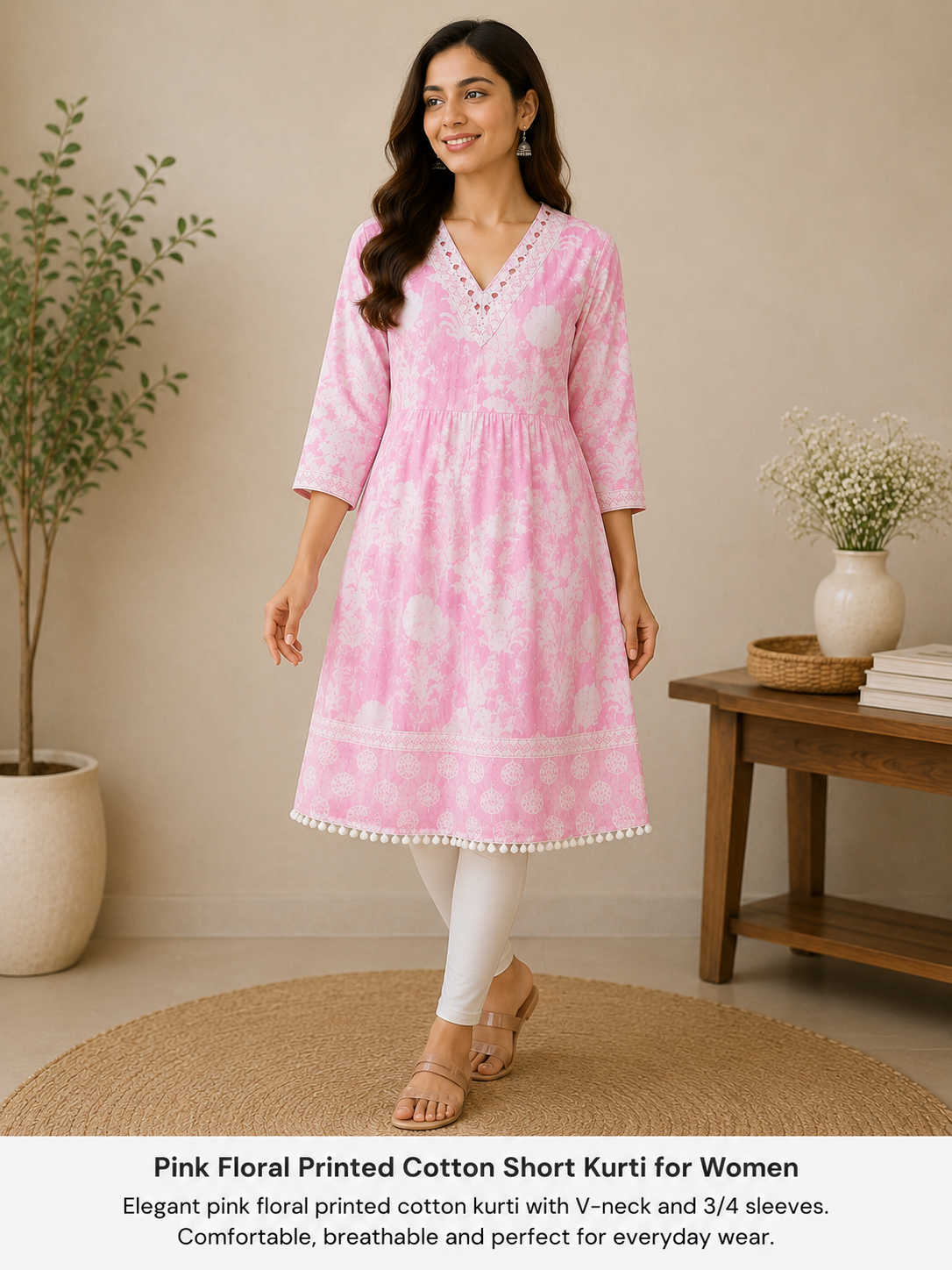 Pink Floral Printed Cotton Short Kurti for Women