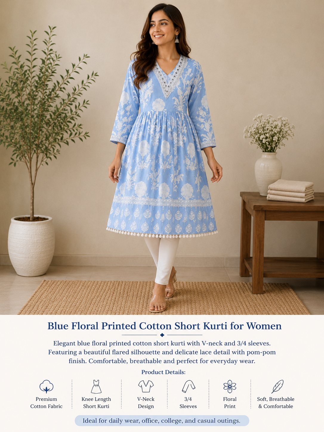Pastel Blue Floral Printed Cotton Short Kurti for Women