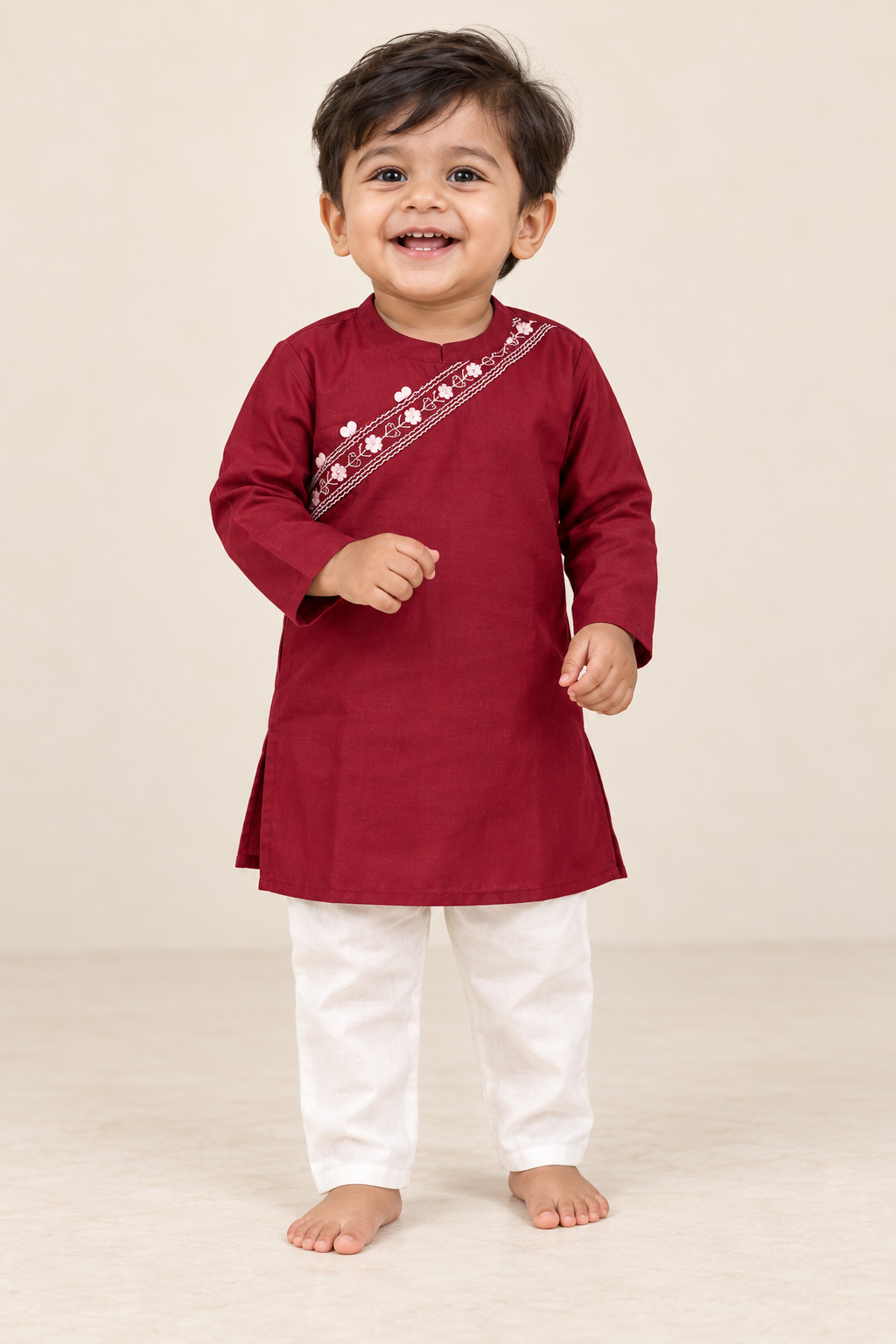 Maroon Kurta Set with White Pants - Boys Ethnic Wear