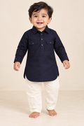 Navy Blue Collared Kurta with White Pants - Boys Ethnic Wear