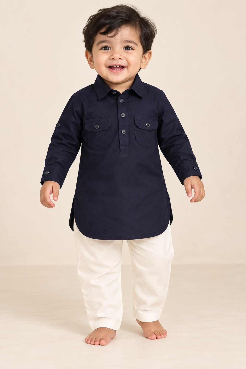 Navy Blue Collared Kurta with White Pants - Boys Ethnic Wear