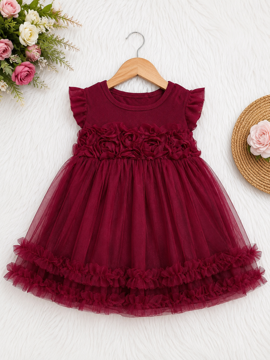 Maroon Party Dress with 3D Flower Design
