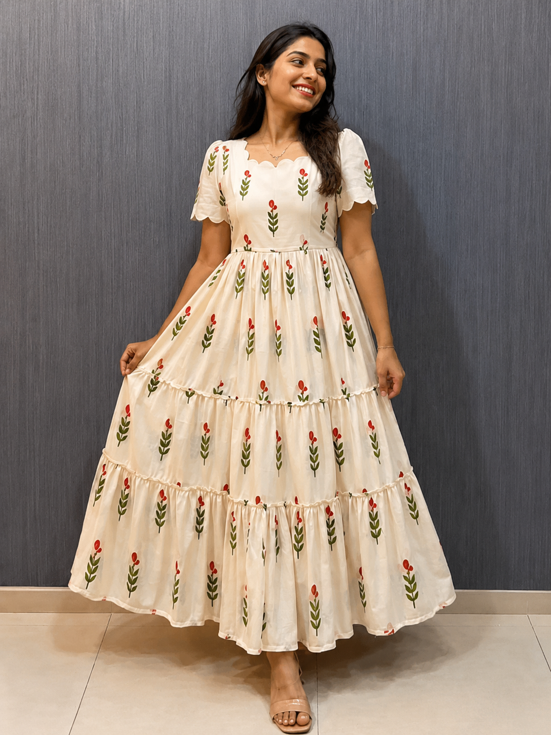 Beige Floral Tiered Maxi Dress
