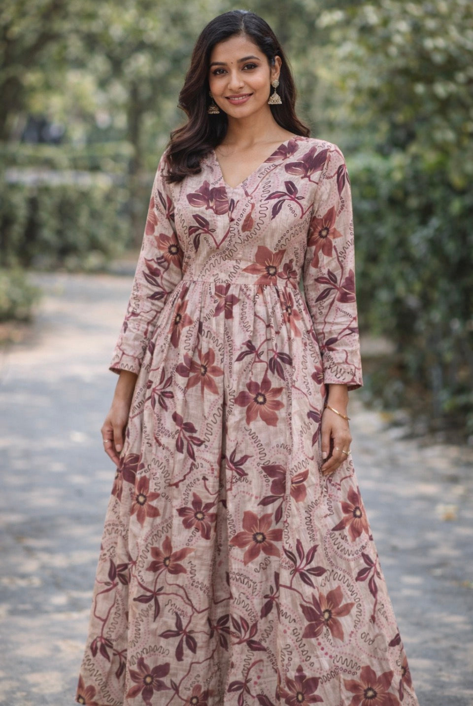 Brown Floral Printed Cotton Anarkali Top