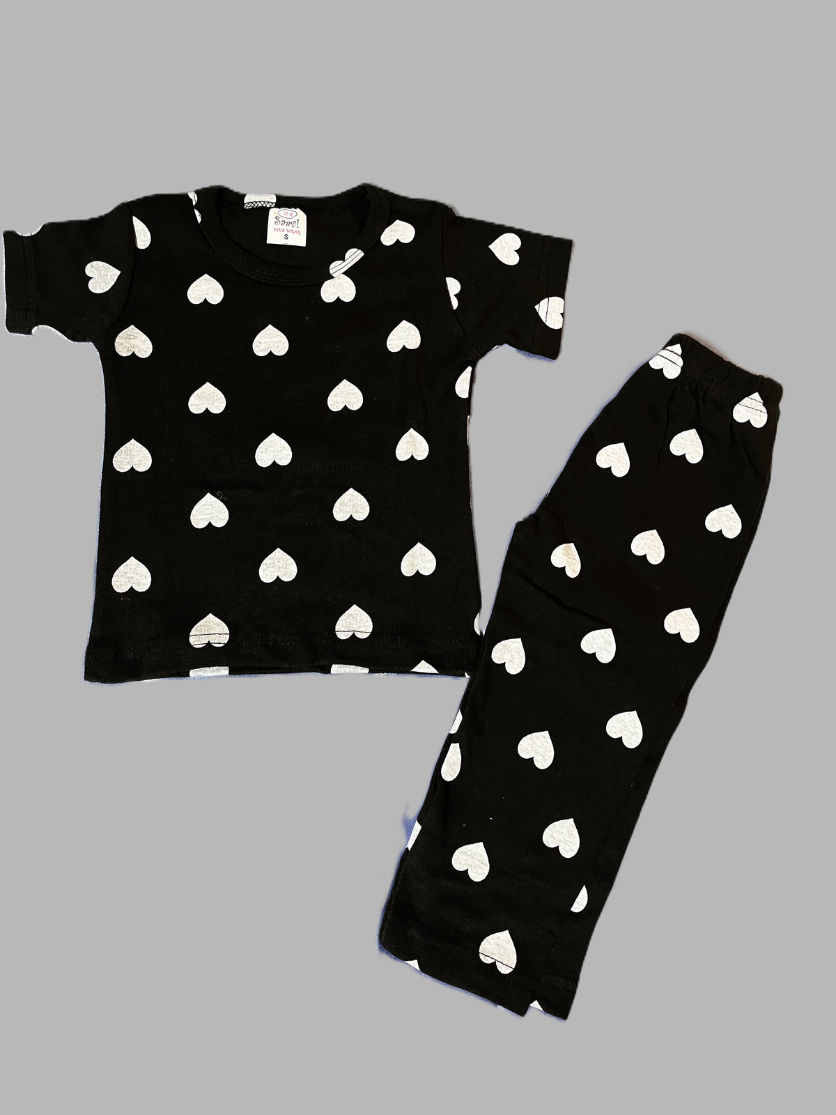 Black PJ Set with Heart Print