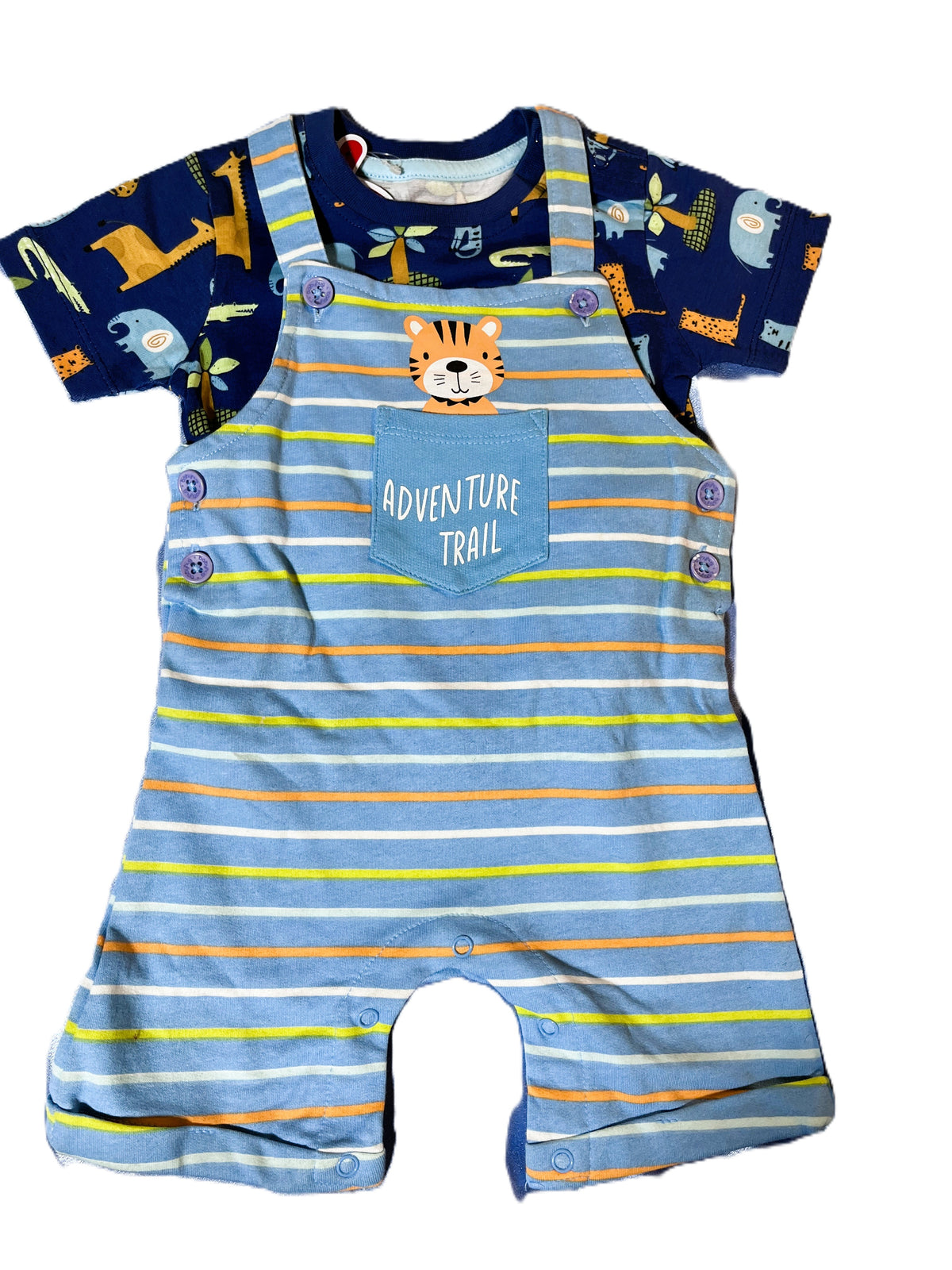 Blue Striped Overalls with Animal Theme Blue T-Shirt