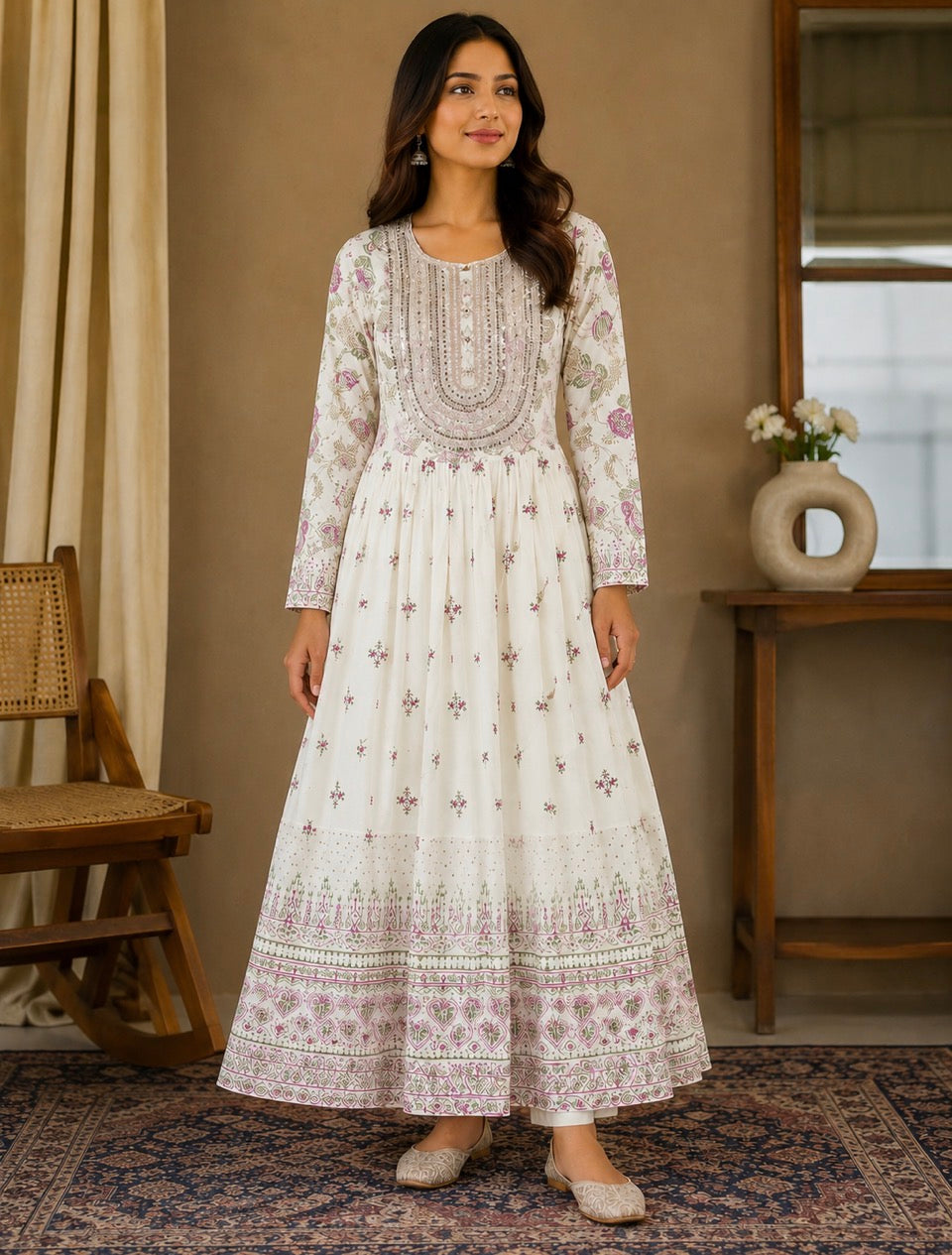 White Pearl Sequinned and Embroidered Maxi
