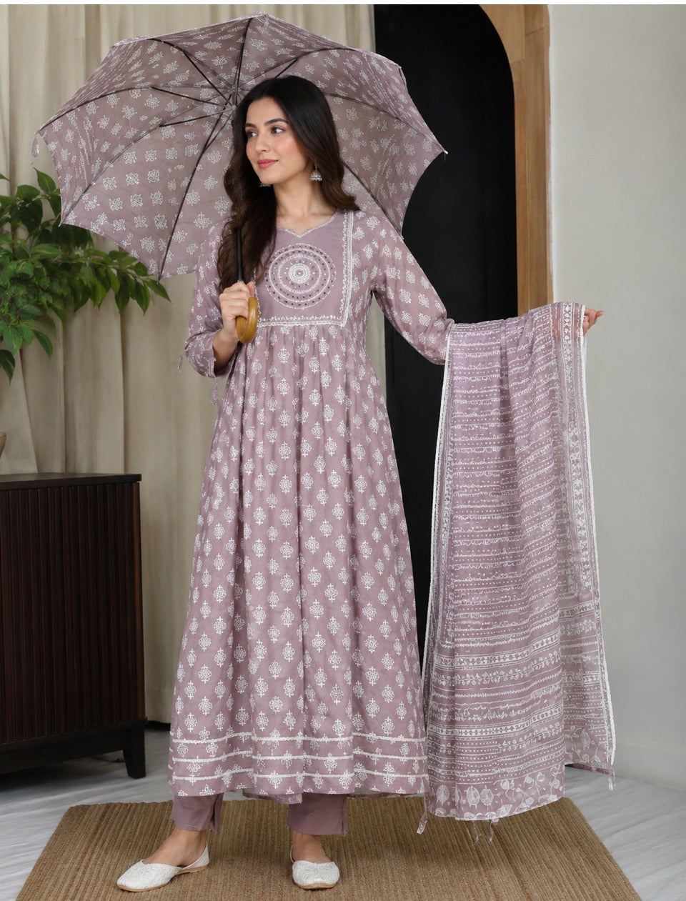 Onion Pink Anarkali Top with Pant and Shawl - Salwar Set