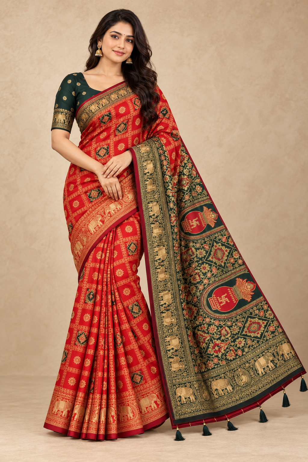 Red and Green Karwa Chauth Saree