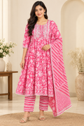 Bright Pink Long Umbrella / Anarkali Kurti with Pant and Shawl - Salwar Set