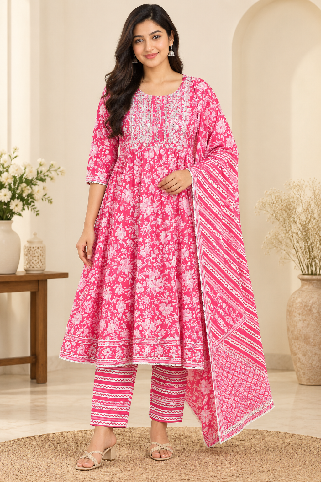 Bright Pink Long Umbrella / Anarkali Kurti with Pant and Shawl - Salwar Set