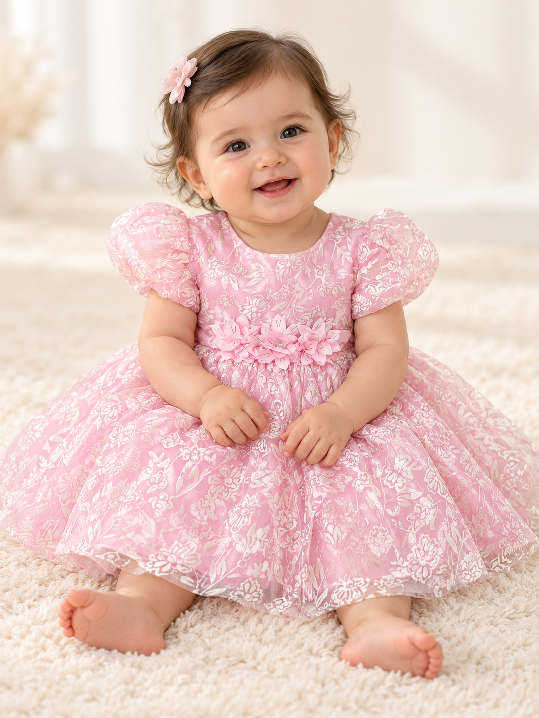Pink Printed Heavy Flared Party Wear Dress
