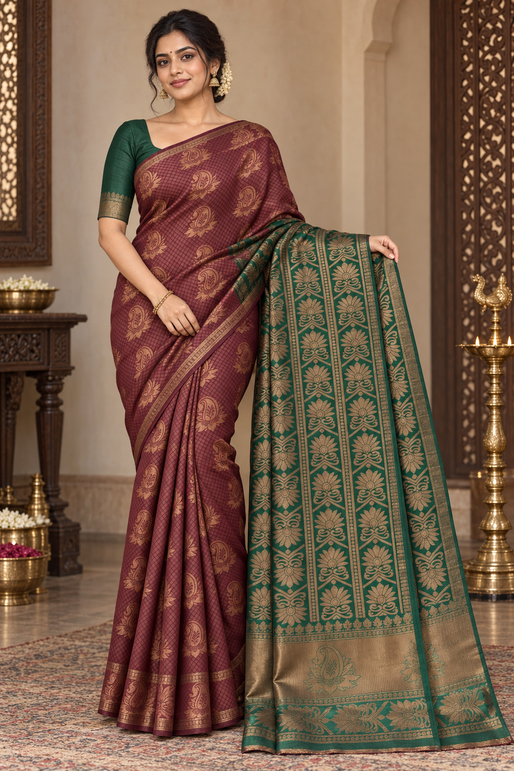 Maroon and Green Zari Design Semi Silk Saree