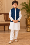 White Kurta and Pant with Sequinned Navy Coat - Boys Ethnic Wear