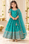 Teal Embroidered Grand Lehenga with Shawl - Girls Ethnic Wear