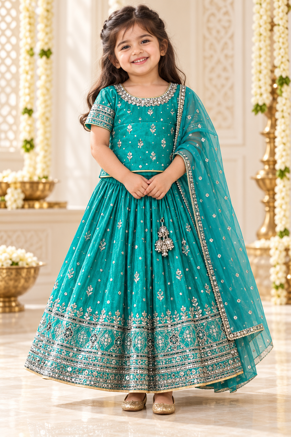 Teal Embroidered Grand Lehenga with Shawl - Girls Ethnic Wear