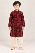 Maroon Printed Velvet Kurta and Dhoti Type Golden Pants - Boys Ethnic Wear