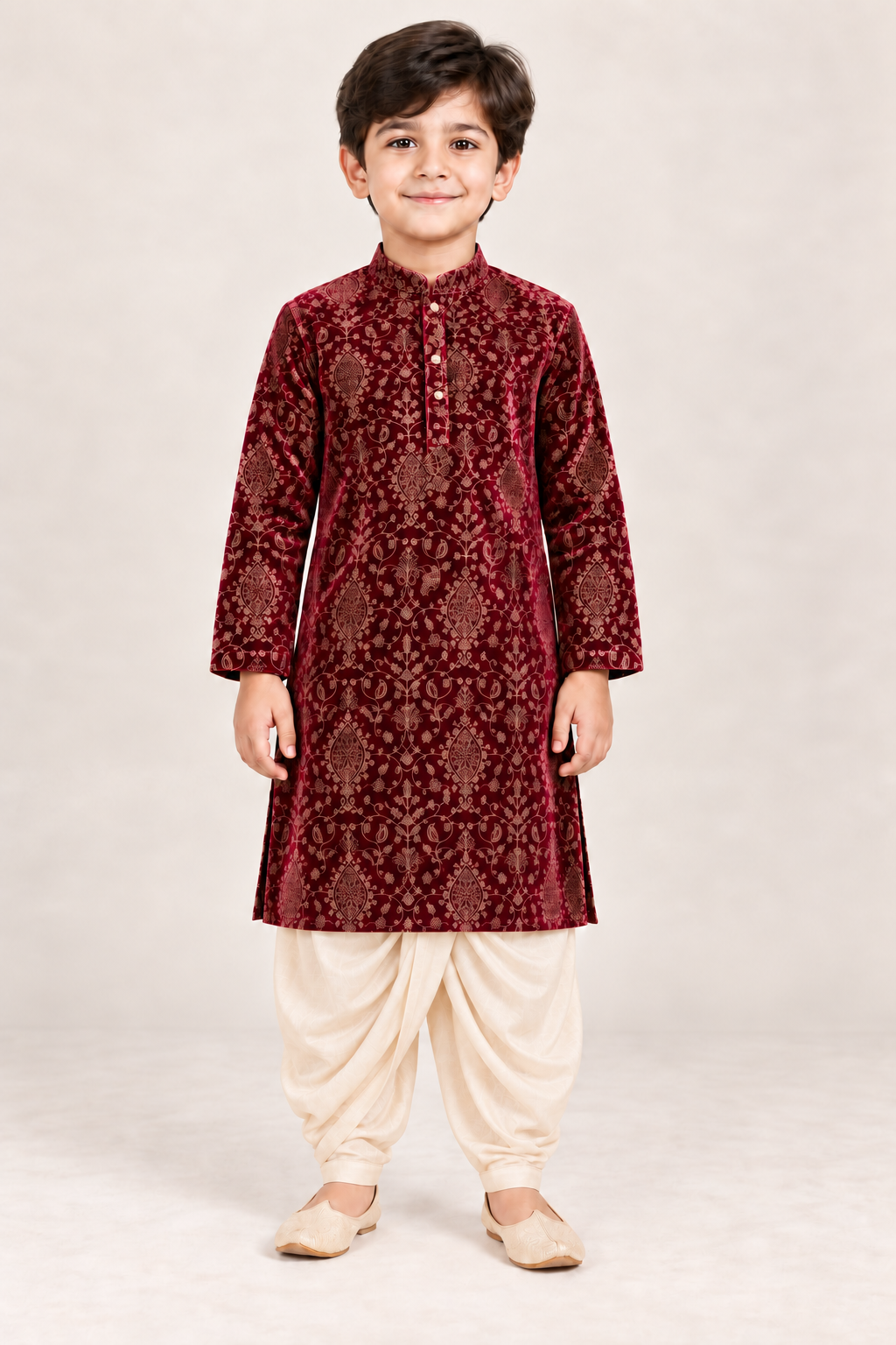 Maroon Printed Velvet Kurta and Dhoti Type Golden Pants - Boys Ethnic Wear
