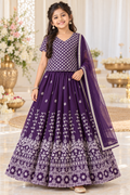 Wine Embroidered Lehenga with Shawl - Girls Ethnic Wear