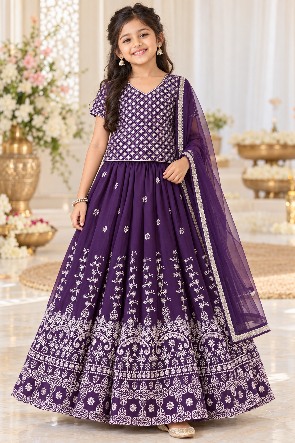 Wine Embroidered Lehenga with Shawl - Girls Ethnic Wear