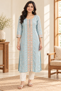 Pale Blue Embroidered Raw Silk Kurti