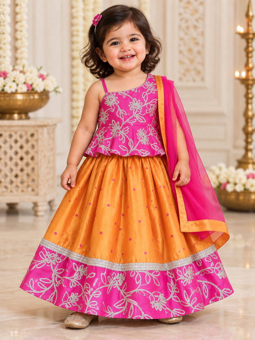 Pink and Orange Faux Silk Lehenga with Shawl - Girls Ethnic Wear