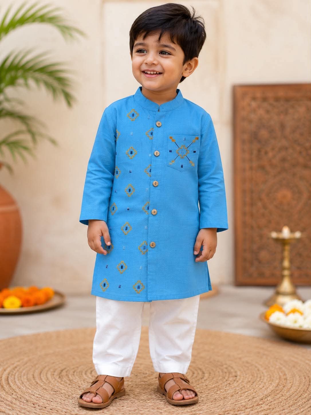 Sky Blue Embroidered Kurta and White Pants - Boys Ethnic Wear