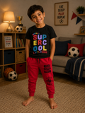 Black Printed T-Shirt and Red Joggers