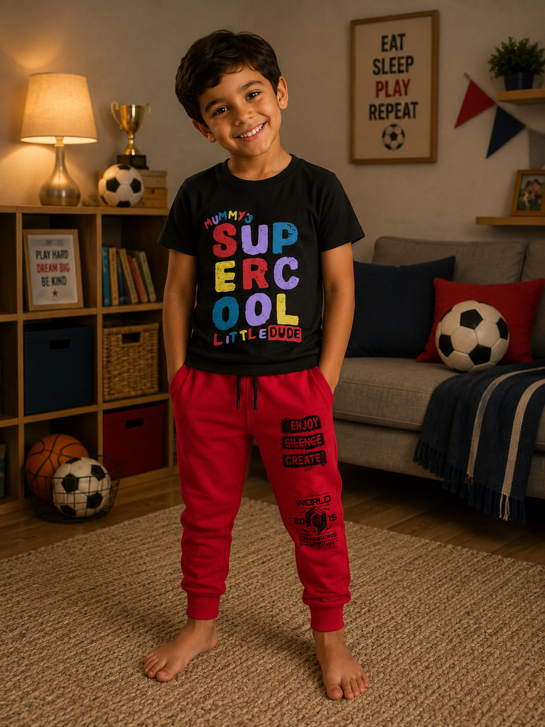 Black Printed T-Shirt and Red Joggers