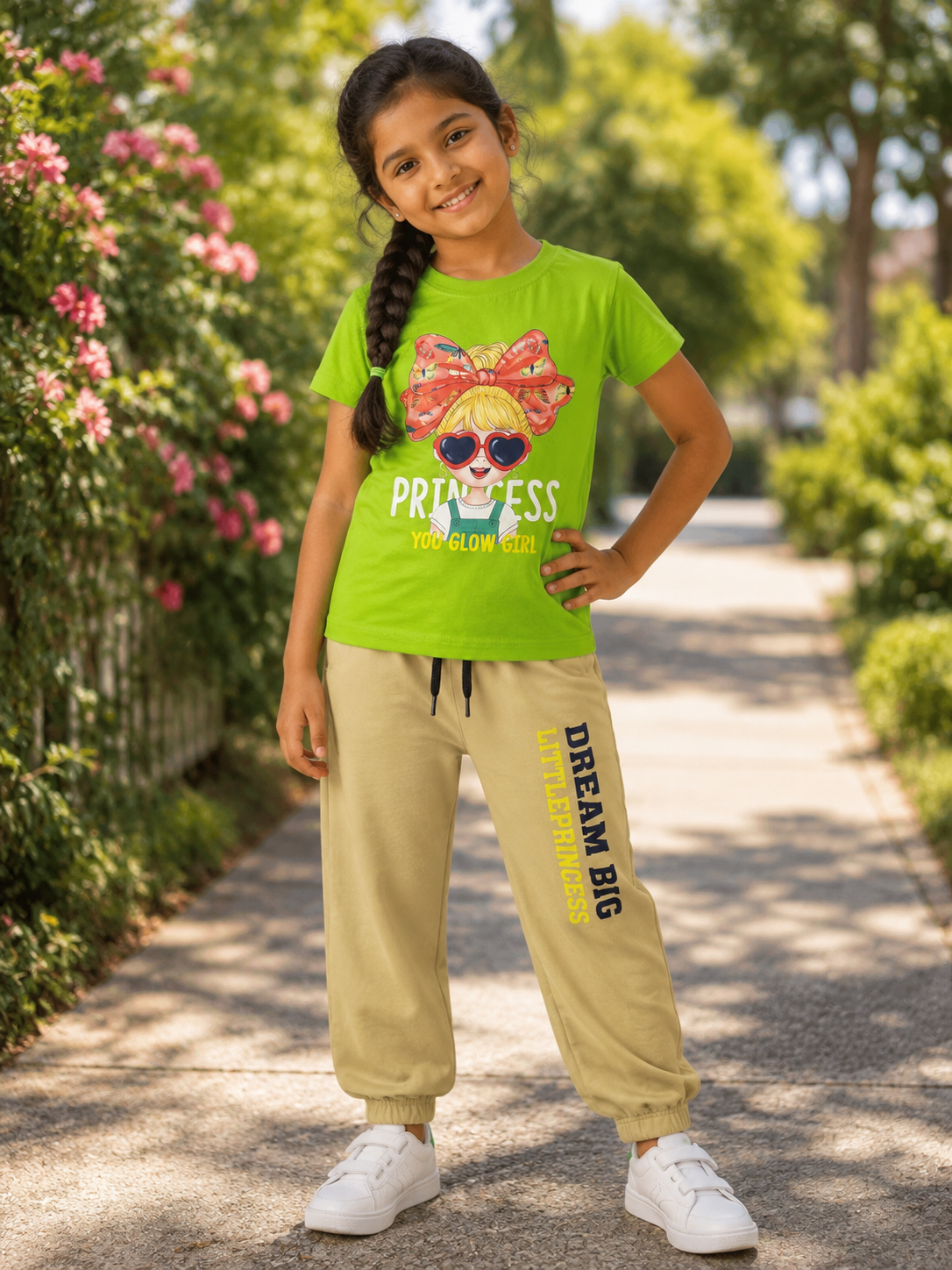 Bright Green Printed T-Shirt with Beige Pants