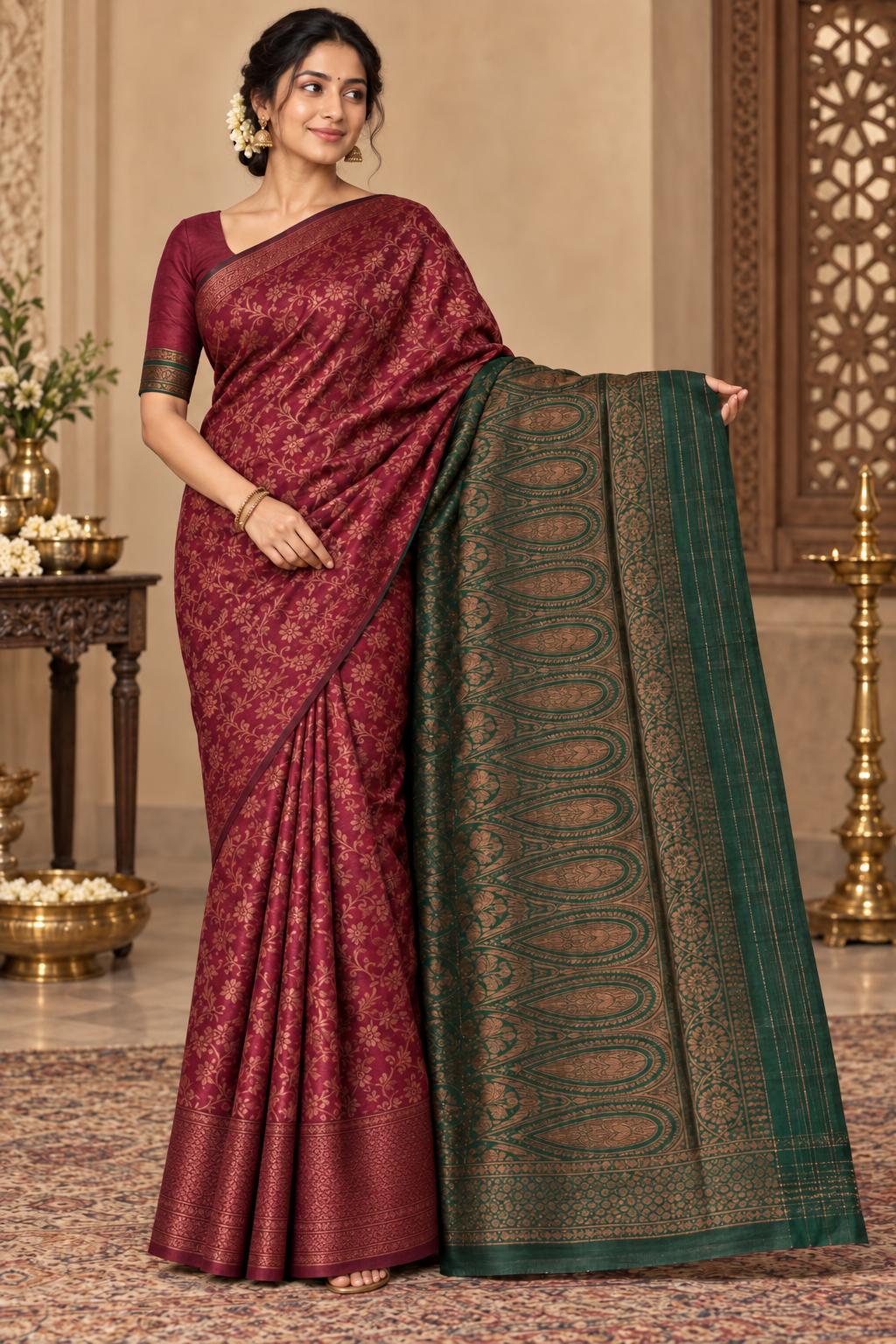 Maroon and Green Zari Design Semi Silk Saree