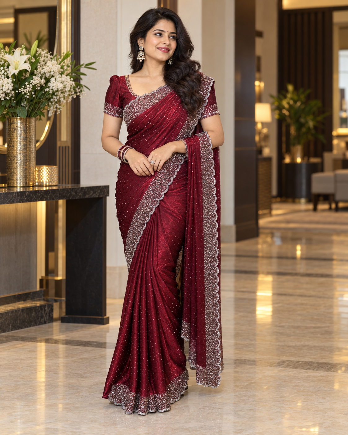 Maroon Space Silk Saree with Heavy Stone Work Border