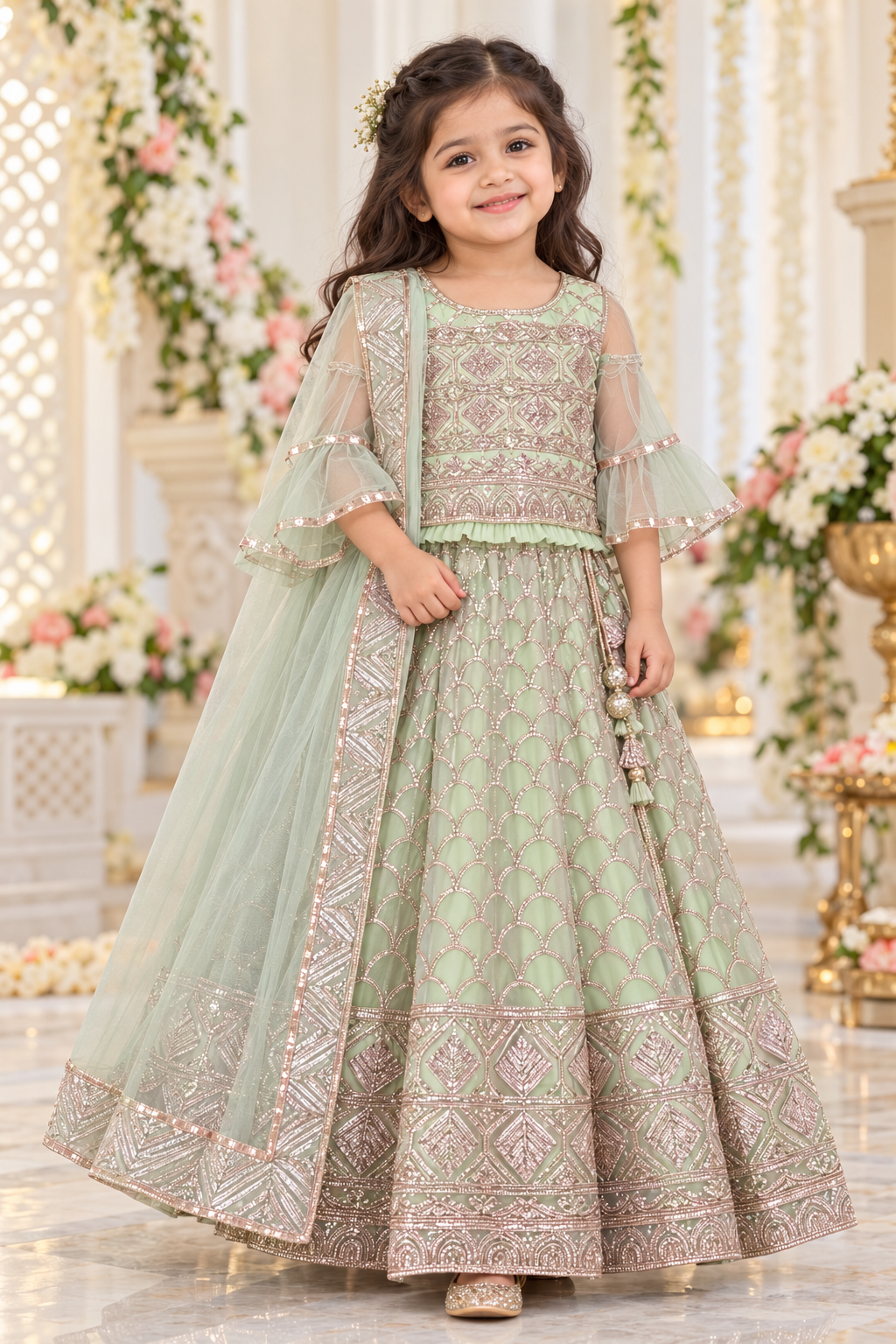 Pastel Green Heavy Embroidered Lehenga - Girls Ethnic Wear