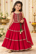 Red and Green Embroidered Lehenga with Shawl - Girls Ethnic Wear