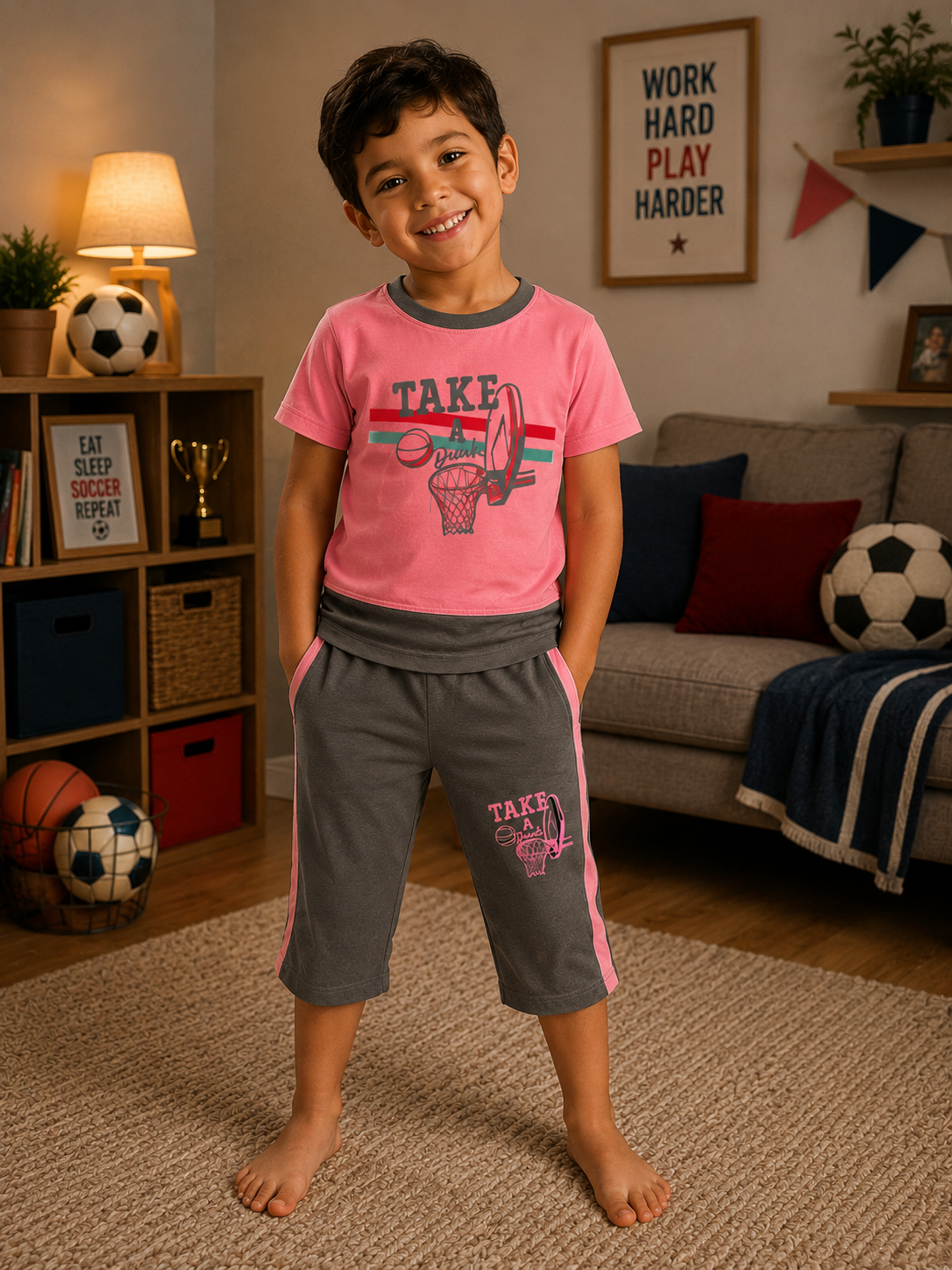 Pink Printed T-Shirt with Grey Capri Pants