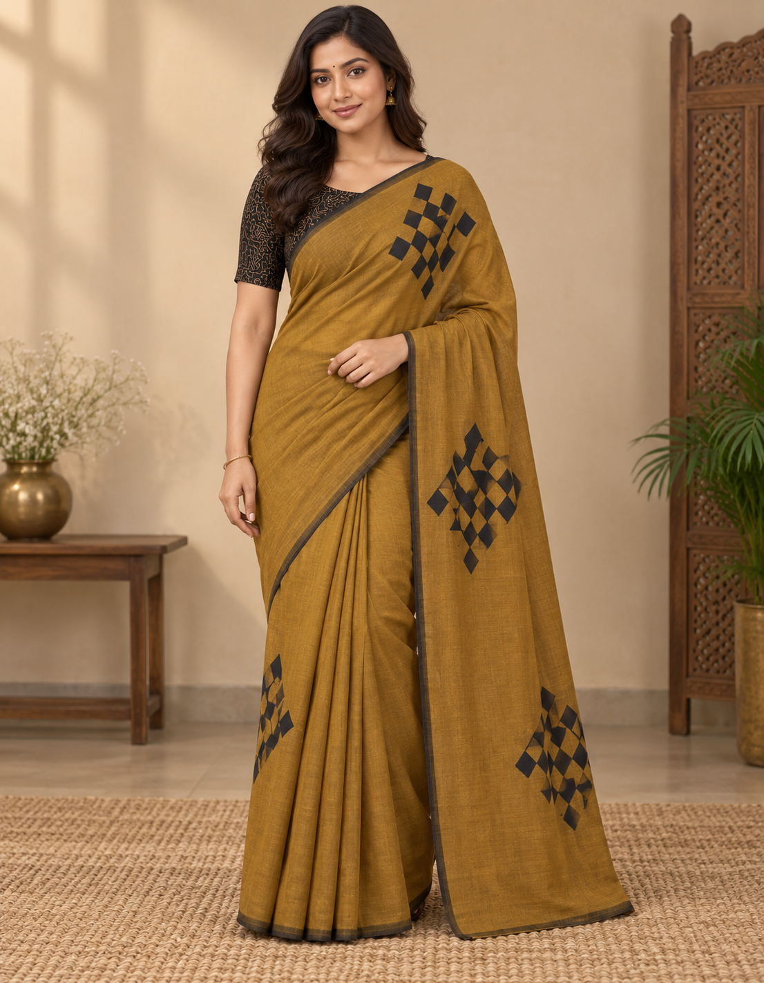 Mustard Linen Cotton Saree with Contrast Blouse